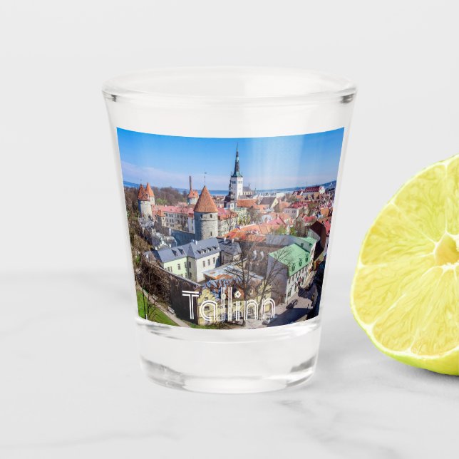 Tallinn downtown aerial view shot glass (Front)