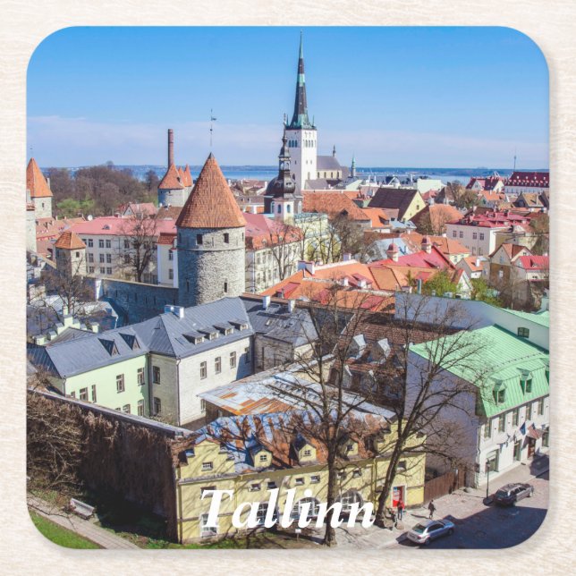 Tallinn downtown aerial view square paper coaster (Front)