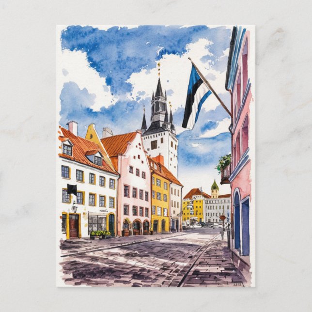 Tallinn Estonia Street Watercolor Painting Postcard (Front)
