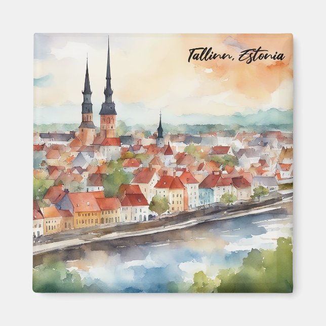 Tallinn Estonia Watercolor Painting City View Magnet (Front)