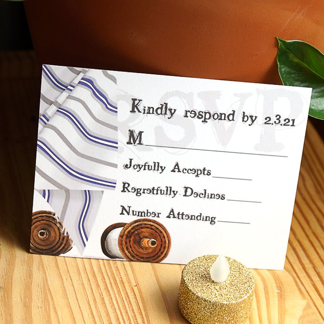 Tallit Bar Mitzvah RSVP Card (bar mitzvah rsvp card with blue and white striped tallit and scrolls, paper enclosure card)