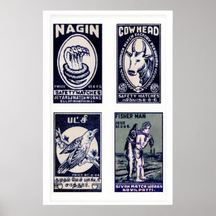 Tamil Matchbox Wall Art Vintage Blue Grid - Retro