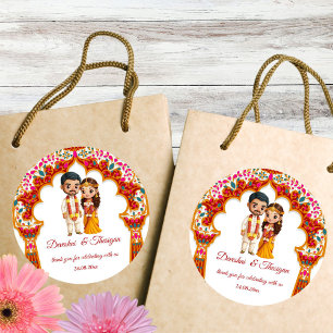 Tamil South Indian wedding cute caricature favour Classic Round Sticker