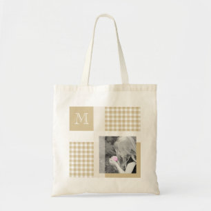 Tan Add Your Photo Gingham Modern Brown Monogram Tote Bag