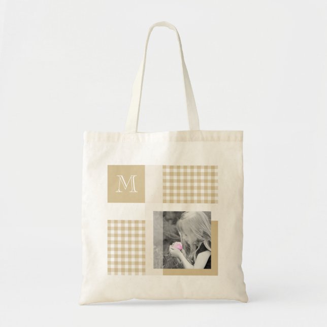 Tan Add Your Photo Gingham Modern Brown Monogram Tote Bag (Front)