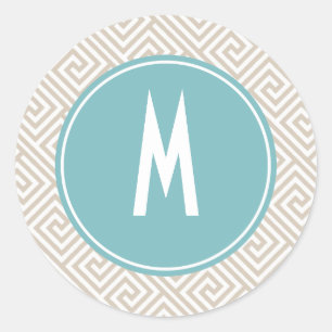 Tan and Aqua Greek Key Pattern Monogram Classic Round Sticker