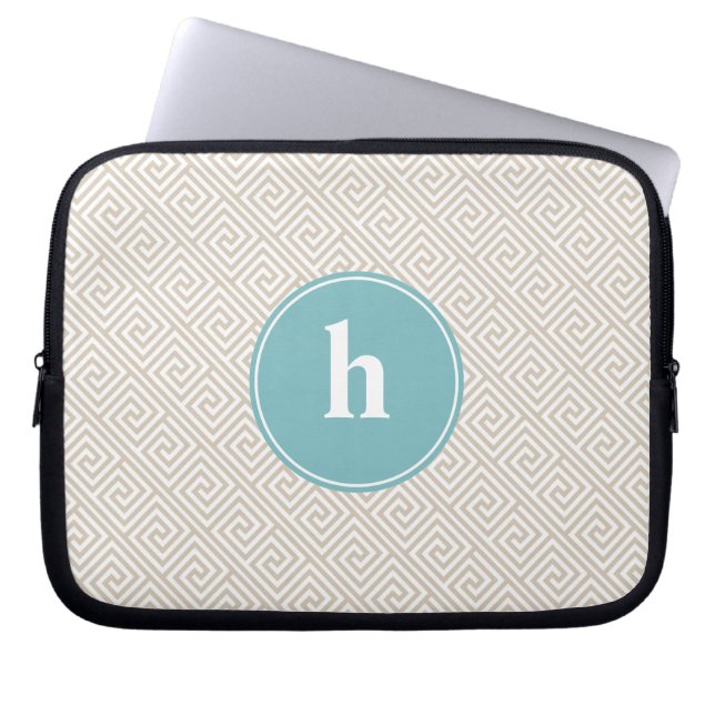 Tan and Aqua Greek Key Pattern Monogram Laptop Sleeve (Front)
