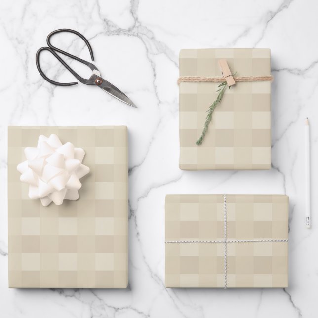 Tan and Beige Gingham Plaid Pattern Wrapping Paper Sheet (Front)
