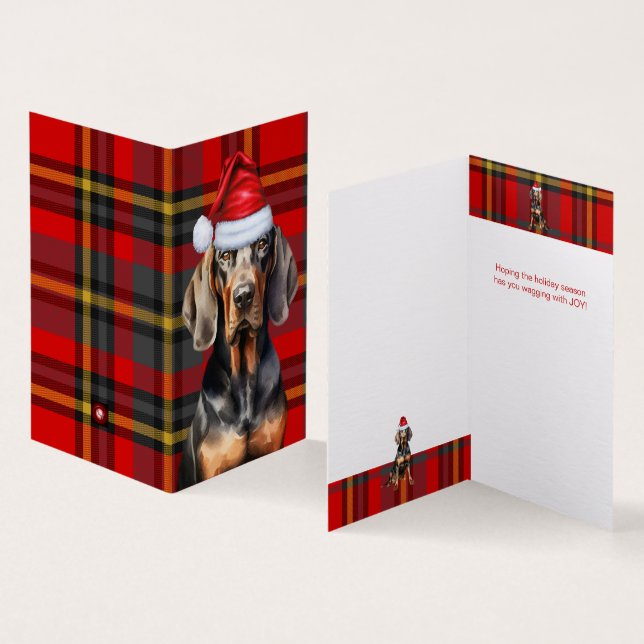 Tan and Black Coonhound Red Plaid Holiday Card (Inside and Outside)
