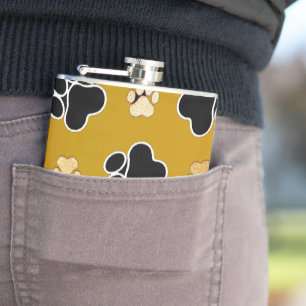 Tan and black paw print on a gold background #2 hip flask