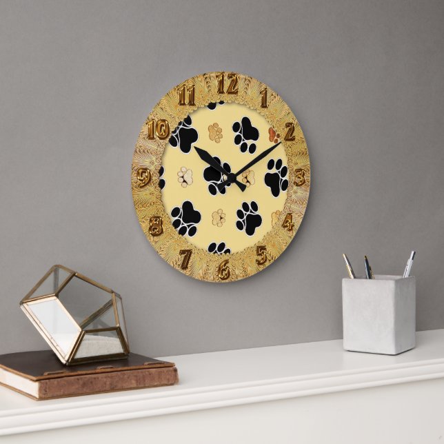 Tan and black paw print on a gold background #3 large clock (Office)