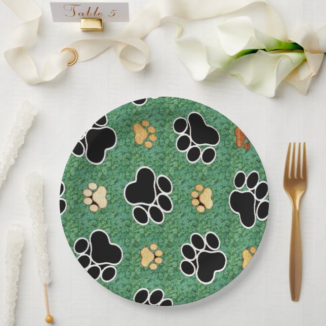 Tan and black paw print on green grass paper plate (Wedding)