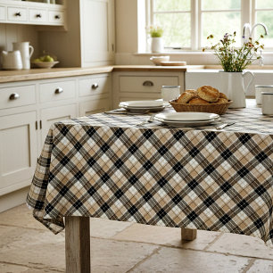 Tan and black plaid tablecloth