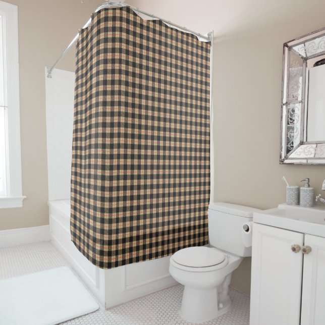 Tan and Black Red Stripe Buffalo Plaid Shower Curtain (In Situ)