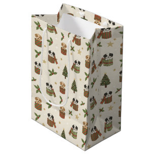 Tan and Black & White Puppies Christmas Pattern Medium Gift Bag