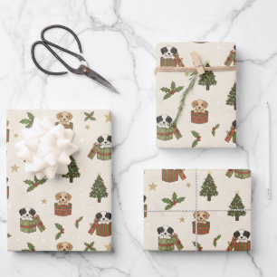 Tan and Black & White Puppies Christmas Pattern Wrapping Paper Sheet