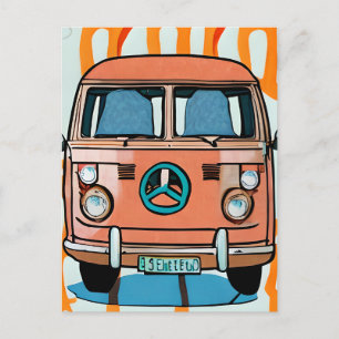 Tan and Blue Retro Hippie Van Vintage Art Postcard