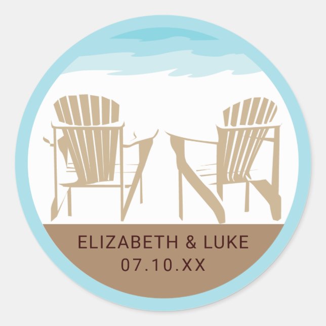 Tan and Blue Two Adirondack Beach Chairs | Wedding Classic Round Sticker (Front)