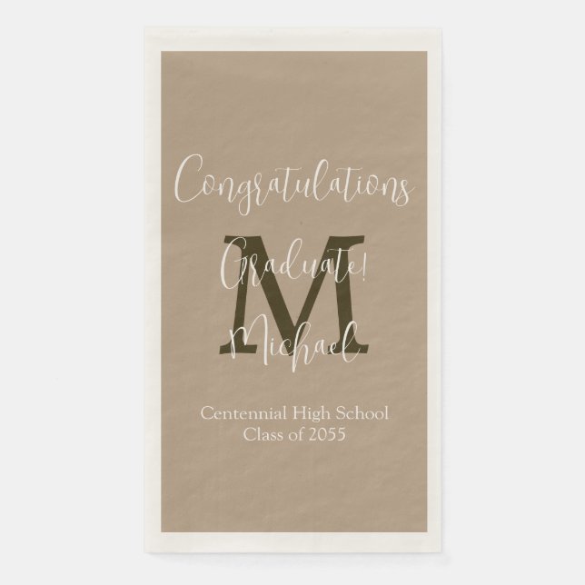 Tan and Brown Monogrammed Minimal Graduation Party Napkin (Front)