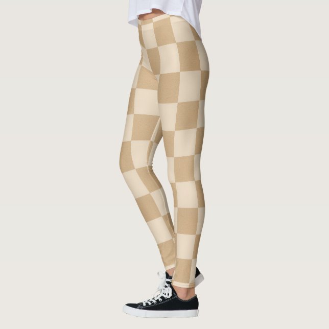 Tan and Cream Chequerboard Soft Neutral Palette Leggings (Left)