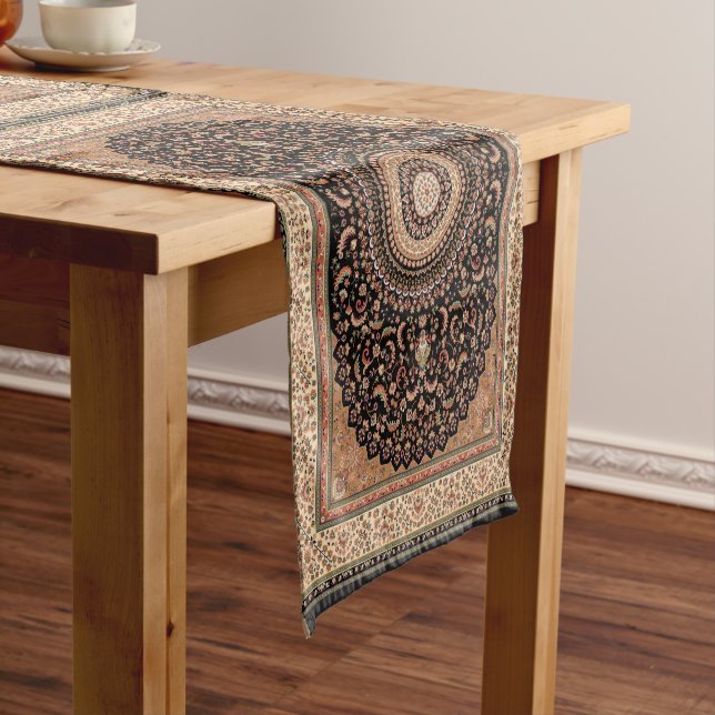 Tan and Green Persian Carpet Short Table Runner (In Situ)