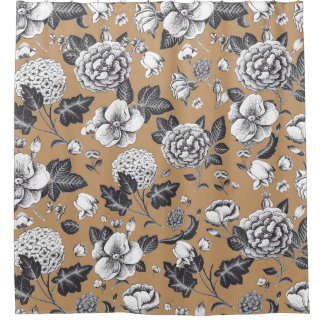 Tan and Grey Vintage Floral Pattern Shower Curtain