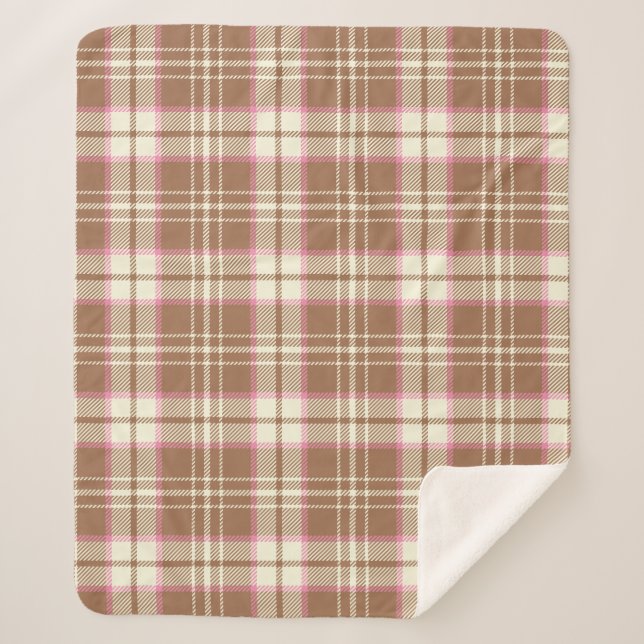 Tan and Pink Plaid Sherpa Blanket (Front)