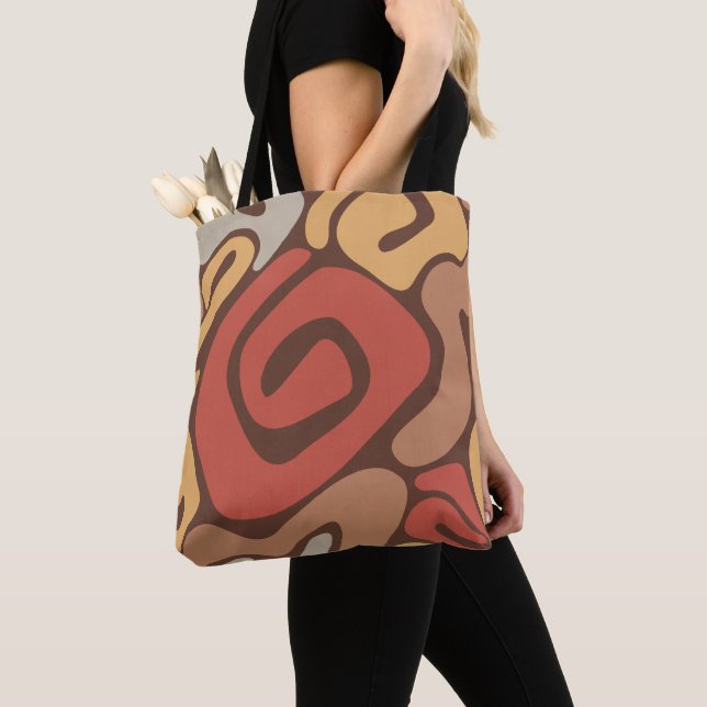 Tan and Rust Warm Spiral Coil Pattern Tote Bag (Close Up)