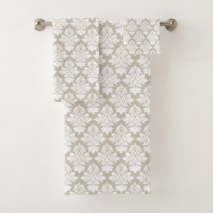 Tan and White Damask Bath Towel Set