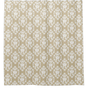 Tan and White Floral Damask Shower Curtain