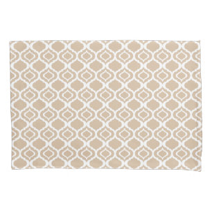 Tan and White Geometric Moroccan Lattice Pattern Pillowcase