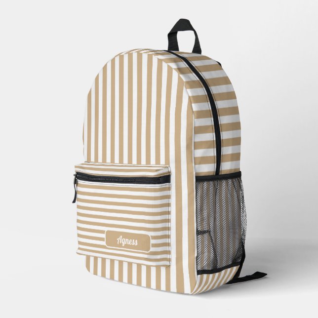Tan and White Vintage Striped Name Printed Backpack (Back Corner Right)