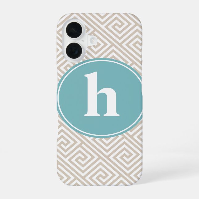 Tan & Aqua Greek Key Pattern Monogram iPhone 16 Case (Back)