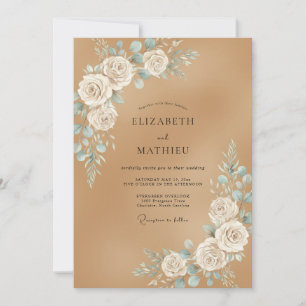 Tan Aqua Rose Wedding Invitation