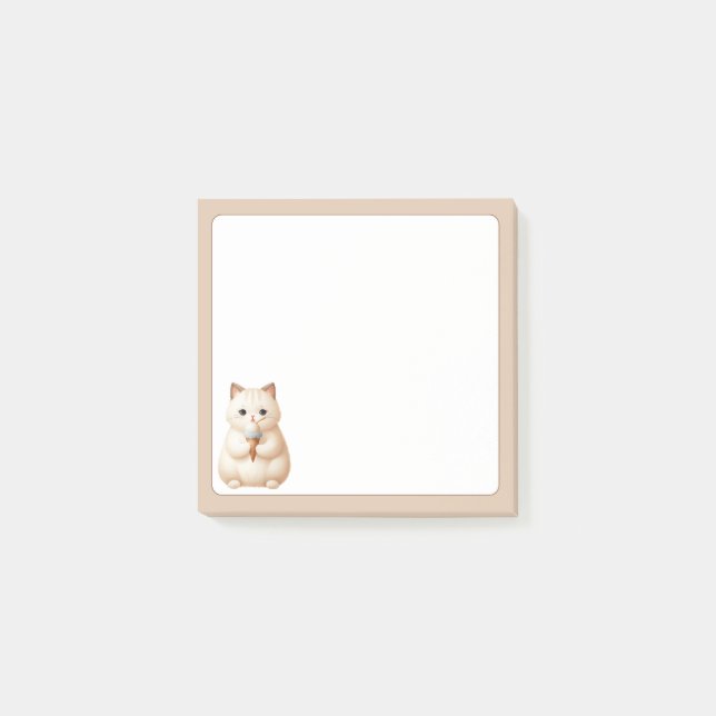 Tan Background Cute Beige Cat with Ice Cream Cone Post-it Notes (Front)