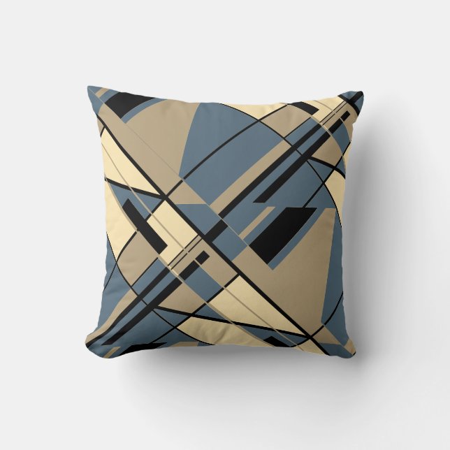 Tan Beige Black Slate Blue Diagonal Abstract Motif Cushion (Front)
