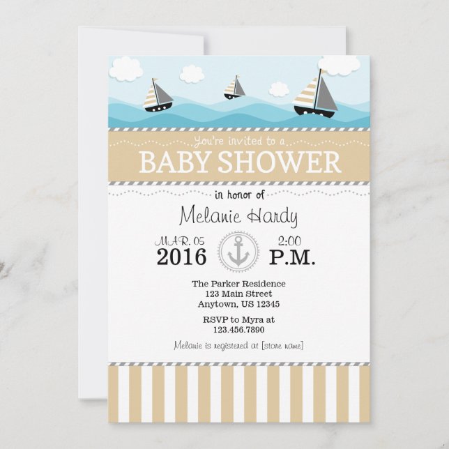 Tan Beige Blue Nautical Baby Shower Invitation (Front)