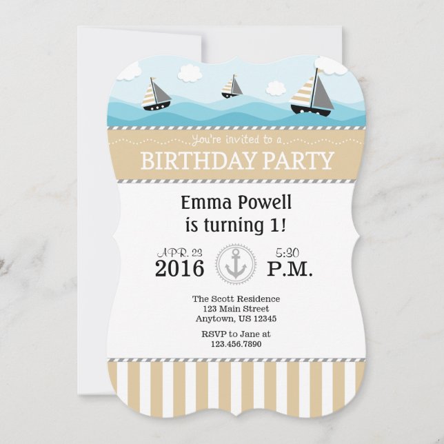 Tan Beige Blue Nautical Birthday Invitation (Front)