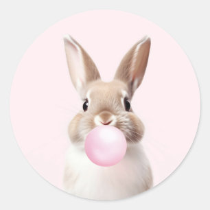 Tan Beige Bunny Blowing Pink Bubble Gum Classic Round Sticker