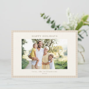 Tan Beige Gingham Check Family Photo Frame Design Holiday Card