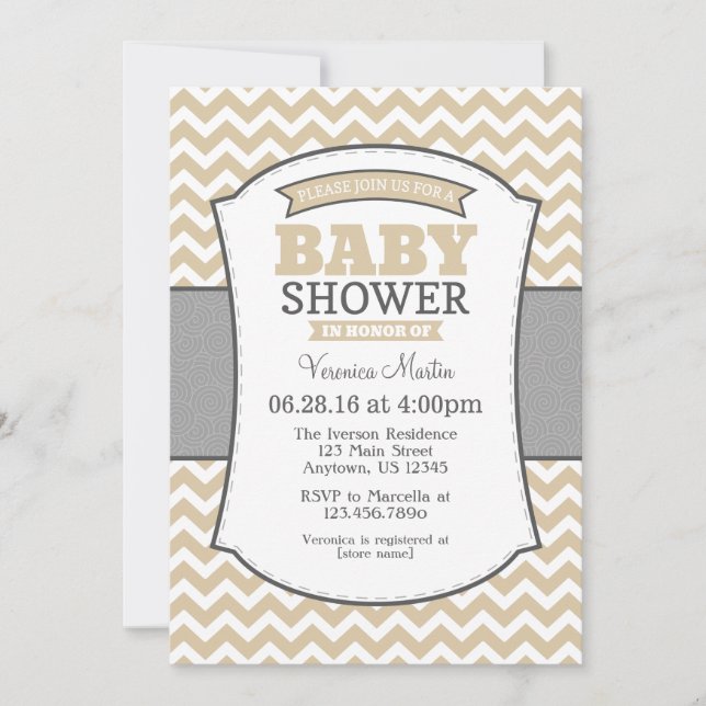 Tan Beige Grey Chevron Baby Shower Invitation (Front)
