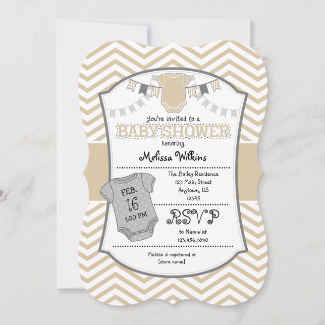 Tan Beige Grey Chevron Baby Shower Invitation (Front)