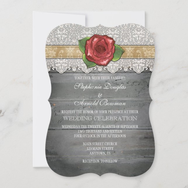 Tan Beige Grey Rustic Wood Rose Wedding Invite (Front)