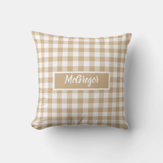 Tan Beige Plaid Gingham Personalized Cushion (Front)