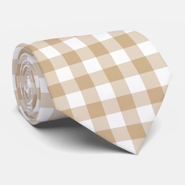 Tan Beige White Gingham Plaid Neck Tie (Rolled)