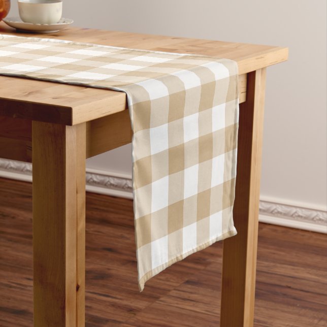 Tan Beige White Gingham Plaid Table Runner (In Situ)