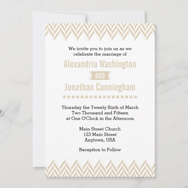 Tan Beige White Herringbone Wedding Invitation (Front)