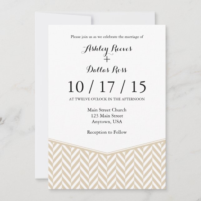 Tan Beige White Herringbone Wedding Invitation (Front)