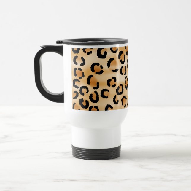 Tan, Black and Brown Leopard Print Pattern. Travel Mug (Left)