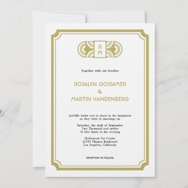 Tan black art deco retro Hollywood glam wedding Invitation (Front)